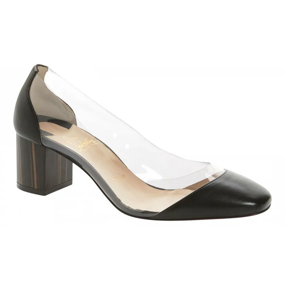 Christian Louboutin Grandola 55 Black Leather PVC Bois Block Heel Sandal Pump 37 - Picture 3 of 12